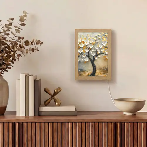Boom - Bloemen - Goud - Beige Light Box met kabel (Tafellamp) klein -sfeer2