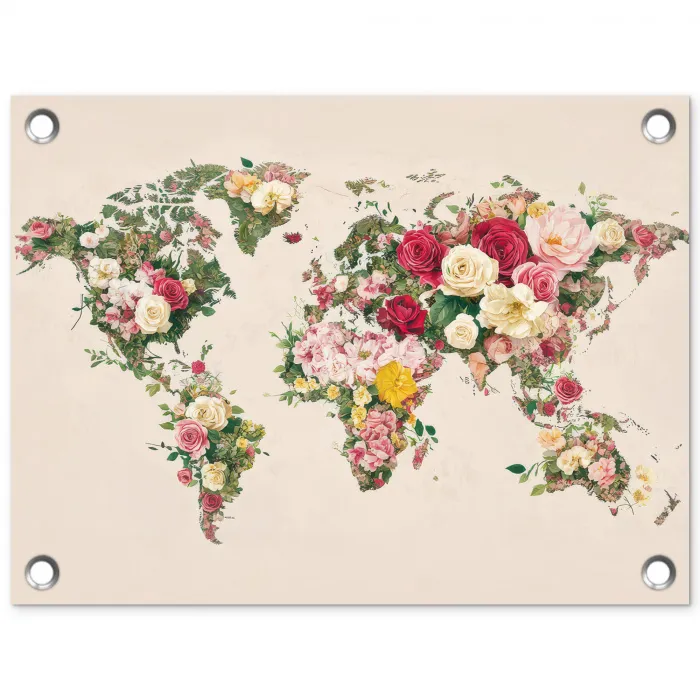 Wereldkaart - Bloemen - Roze tuinposter los doek klein -3d