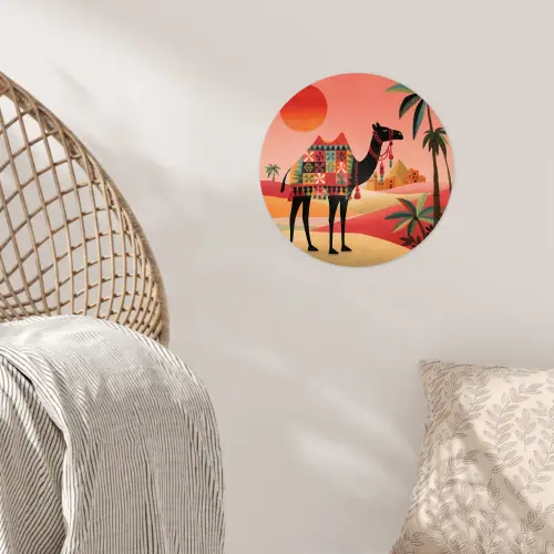 Kameel - Gekleurd tapijt - Duinen - Rode zon Wandcirkel behangsticker klein -sfeer4