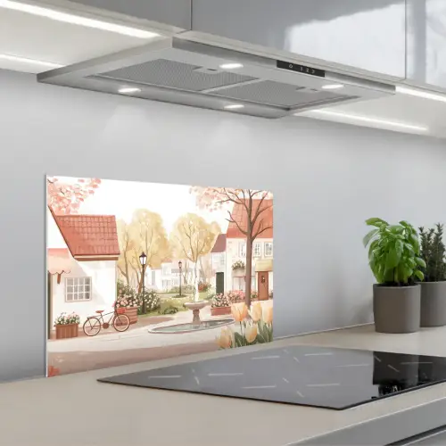 Dorpsplein - Fontein - Tulpen keuken achterwand spatscherm klein -3d_schuin