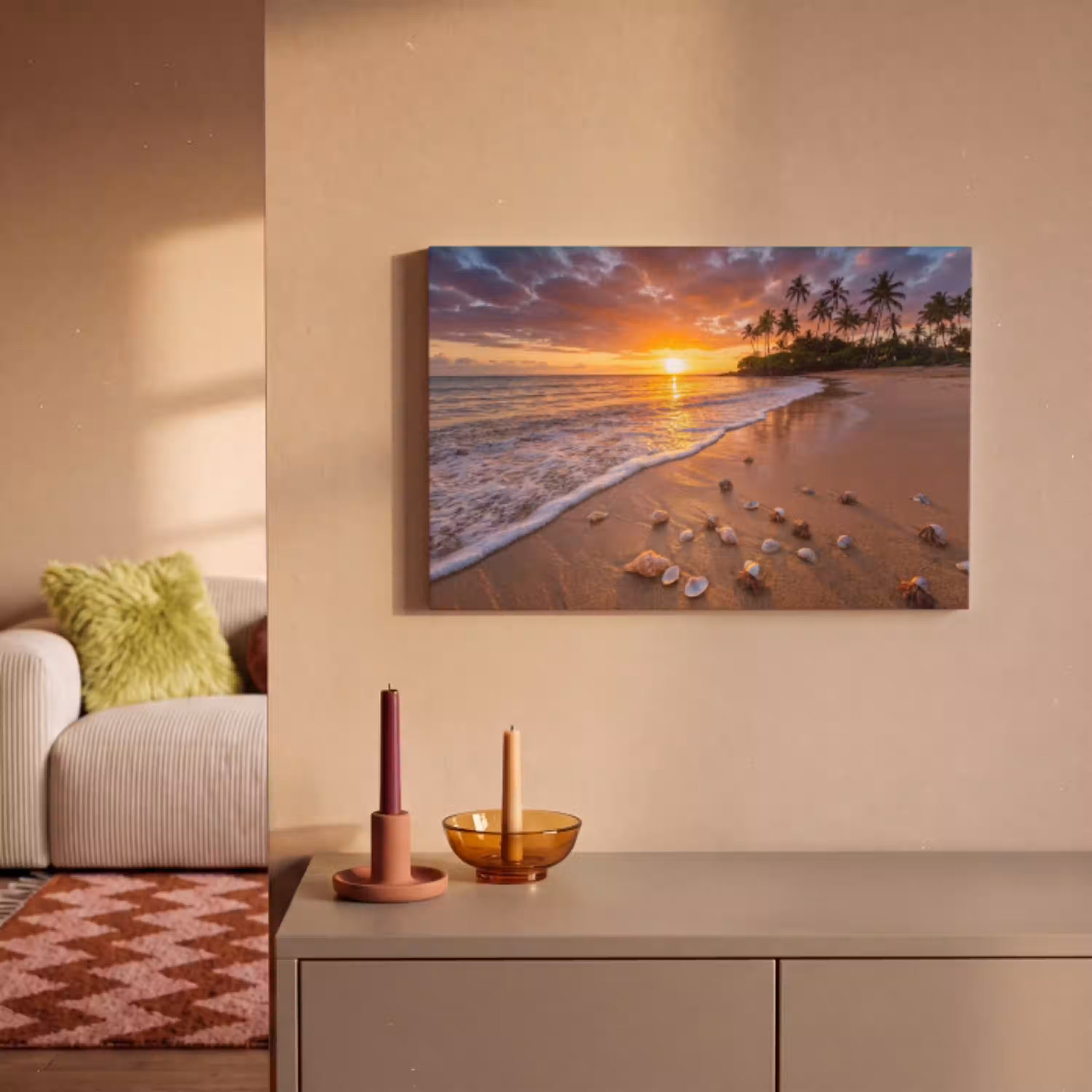 Strand - Zonsondergang - Palmbomen - Natuur - Oranje canvas 2cm klein -sfeer1