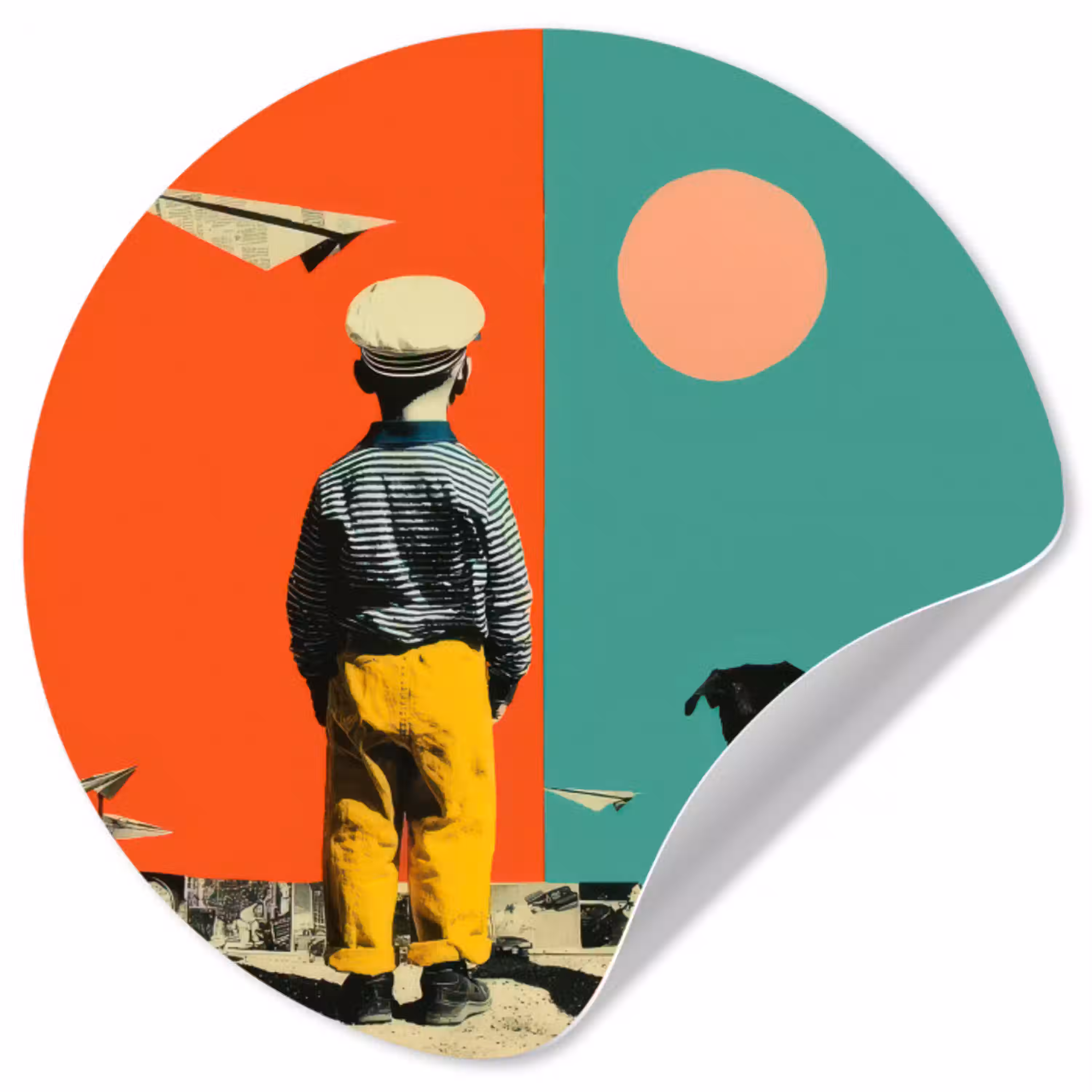 Retro - Jongen - Hond - Rood - Groen Wandcirkel behangsticker klein -3d