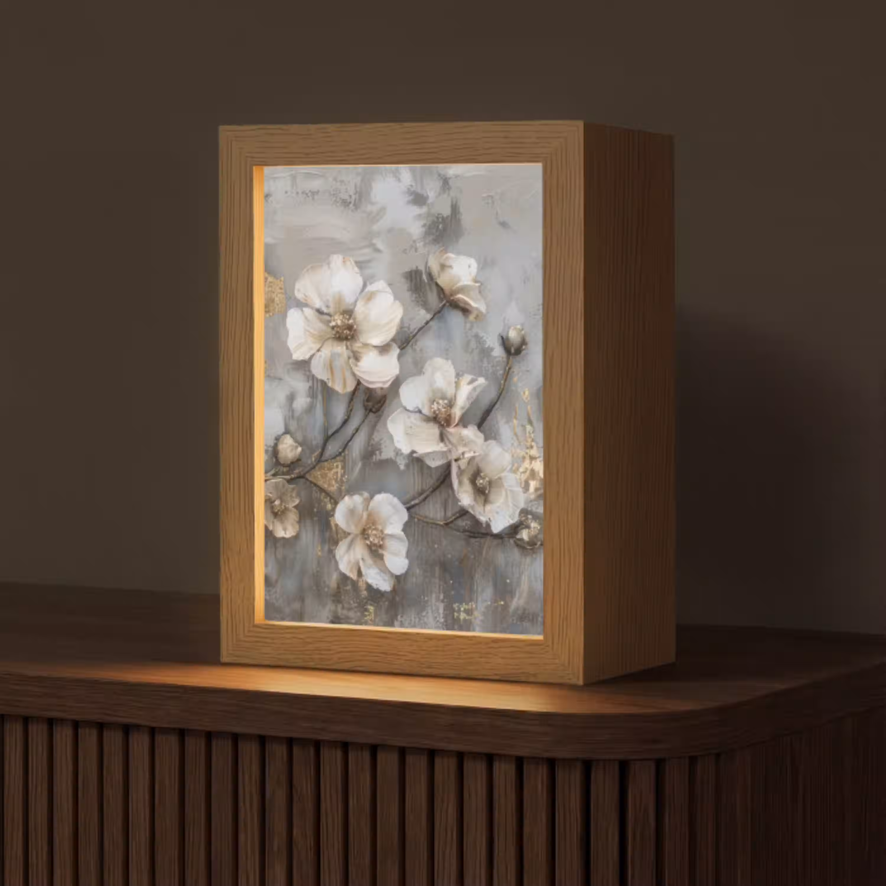 Bloemen - Wit - Grijs - Goud - Luxe Light Box met kabel (Tafellamp) klein -z3d_website