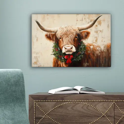 Kerst - Schotse Hooglander - Bruin - Krans canvas 2cm klein -sfeer4