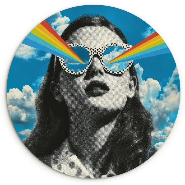 Vrouw - Bril - Regenboog - Wolken Wandcirkel kunststof plaat 5mm dik klein -3d