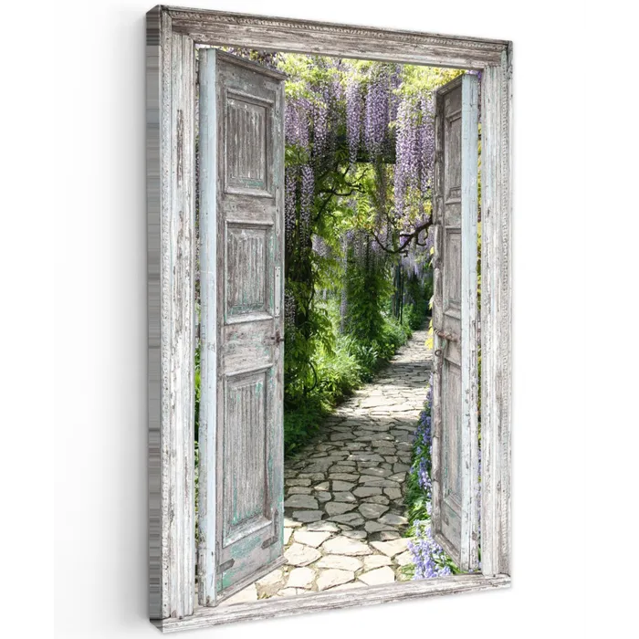 Oude deuren naar een tuinpad Tuinposter op houten frame 2 cm dik klein -3d