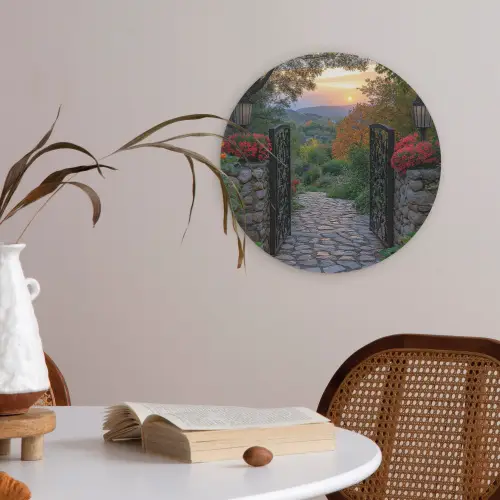 Landschap - Hek - Pad - Zonsondergang - Natuur Akoestische PET Vilt - Rond klein -sfeer3