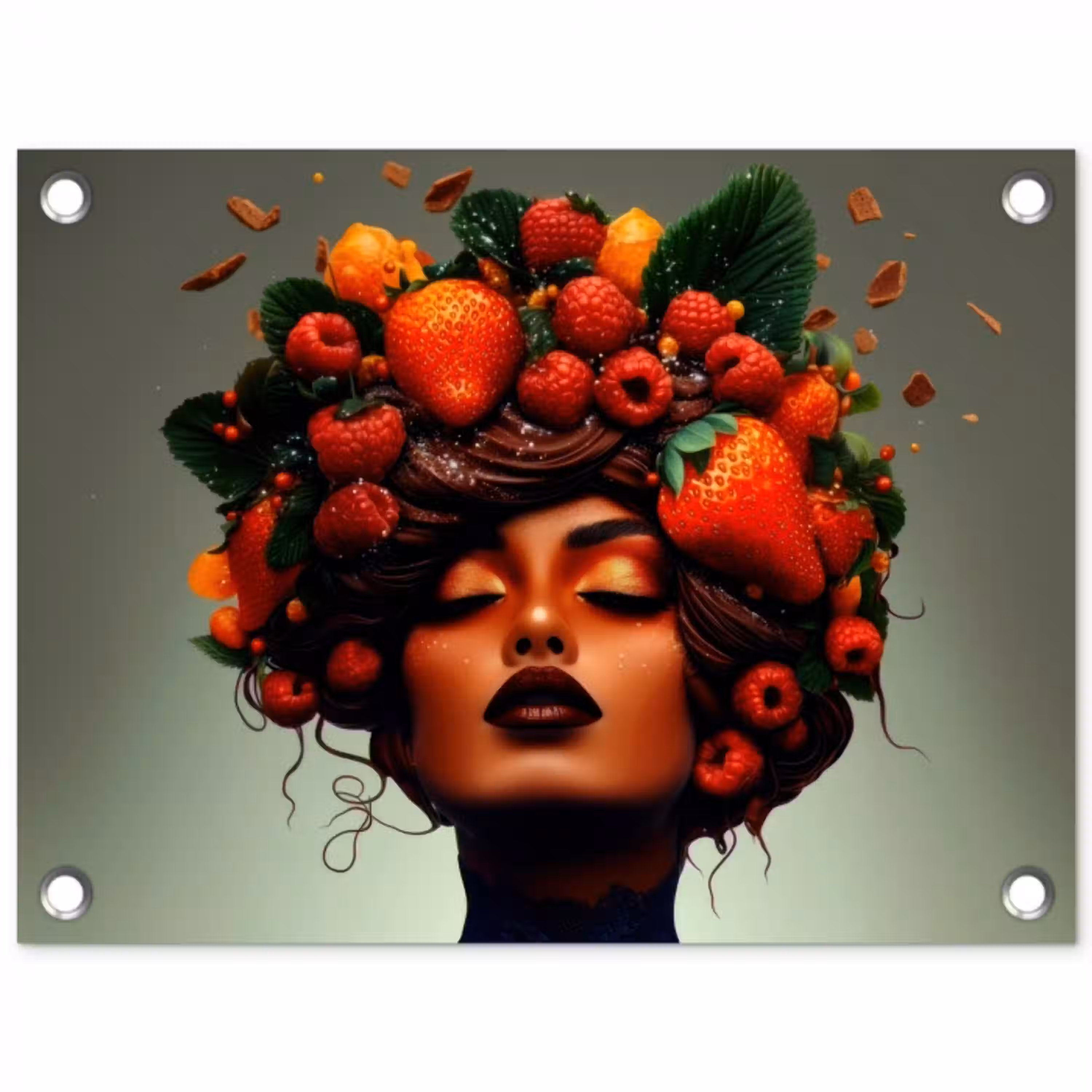 Vrouw - Chocolade - Frambozen - Aardbeien - Koekjes tuinposter los doek klein -3d
