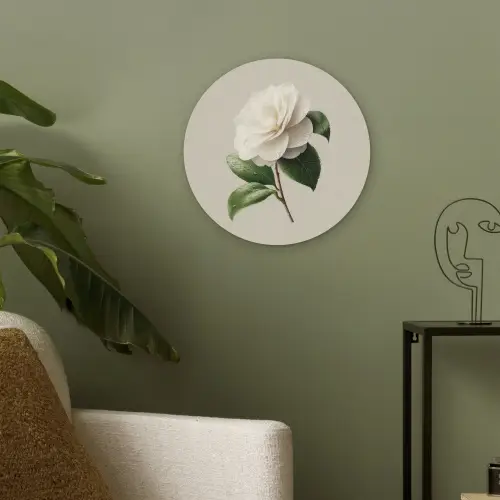 Cameliabloem - Wit - Groen Akoestische PET Vilt - Rond klein -sfeer2