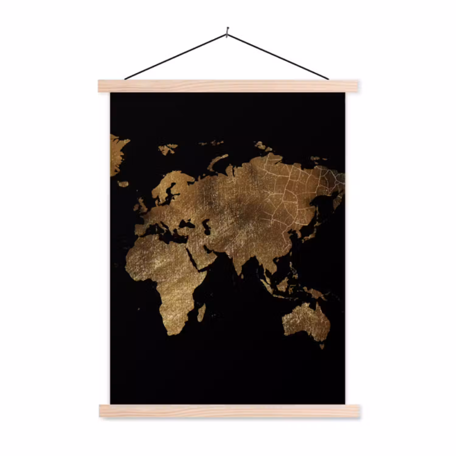 textielposter latten blank - Wereldkaart - Goud - Luxe - Aarde - Zwart