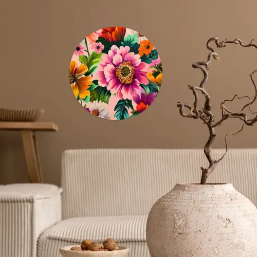 Bloemen - Kleurrijk - Roze Wandcirkel behangsticker klein -sfeer1