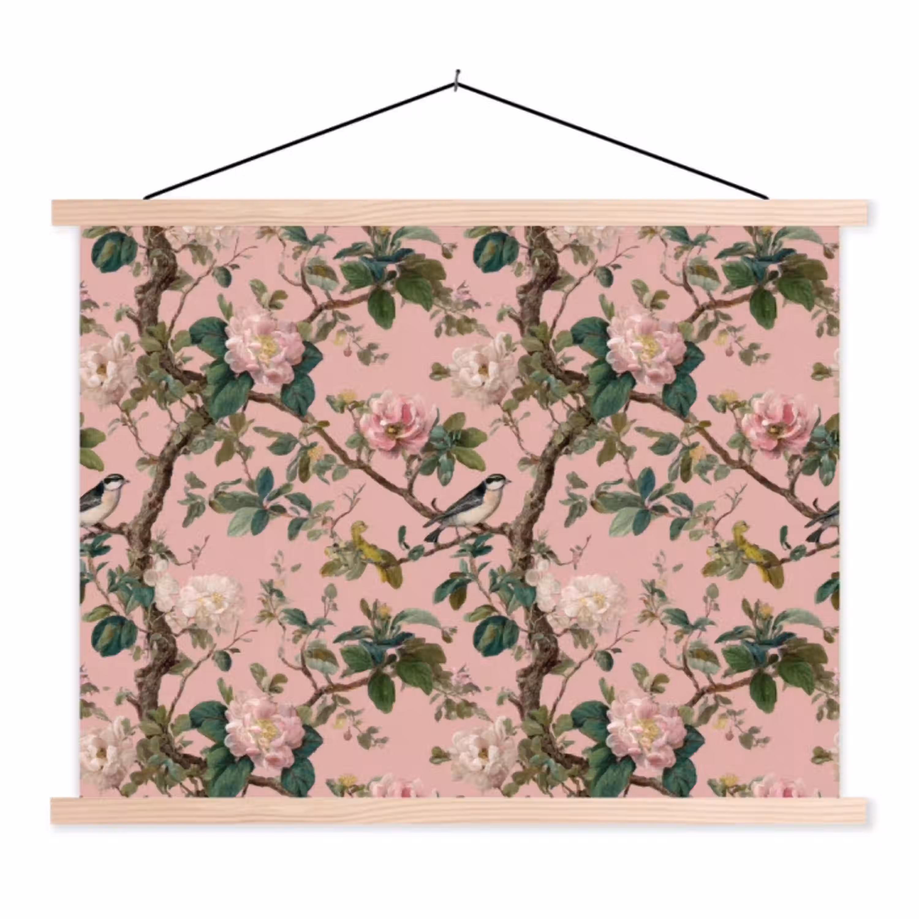 Pioenrozen - Botanisch - Vogel textielposter latten blank klein 122 -3d