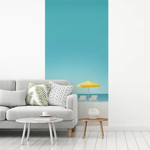 Strand - Blauwe lucht - Geel - Parasol fotobehang vinyl groot -woonkamer