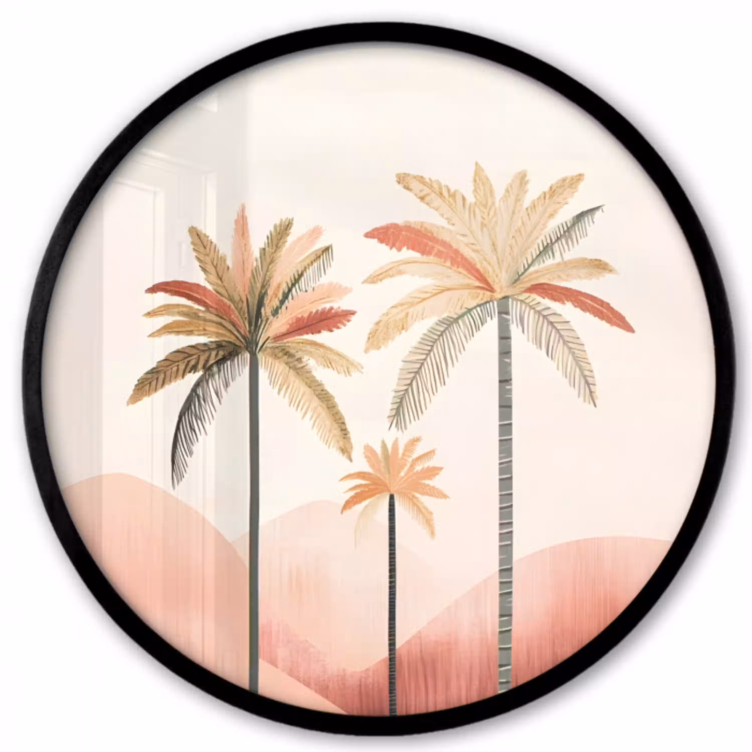 Palmbomen - Heuvels - Minimalistisch - Zachtroze Fotolijst rond zonder passe partout klein -3d