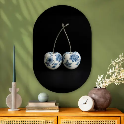 Kersen - Delfts blauw - Fruit Wandcirkel Ovaal Glas middel -sfeer2