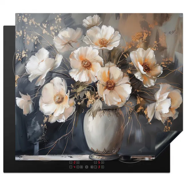 Bloemen - Wit - Vaas - Modern Inductie beschermer vinyl 3mm middel -3d