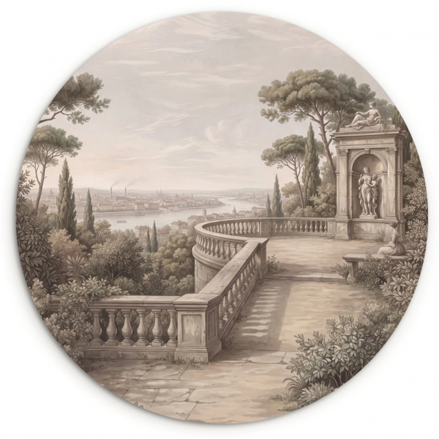 Terras - Stad - Uitzicht - Rivier Wandcirkel kunststof plaat 5mm dik klein -3d