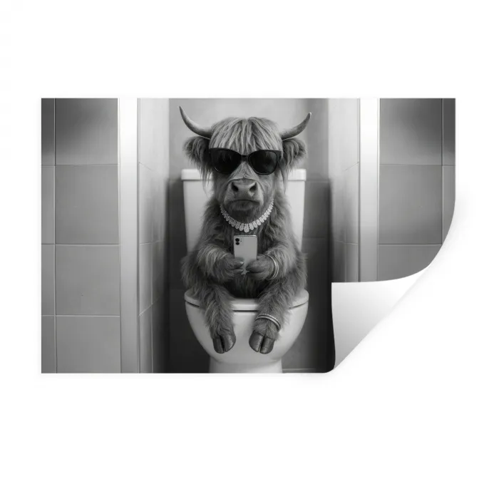Stier - Telefoon - Toilet - Zwart - Wit Muursticker klein -3d