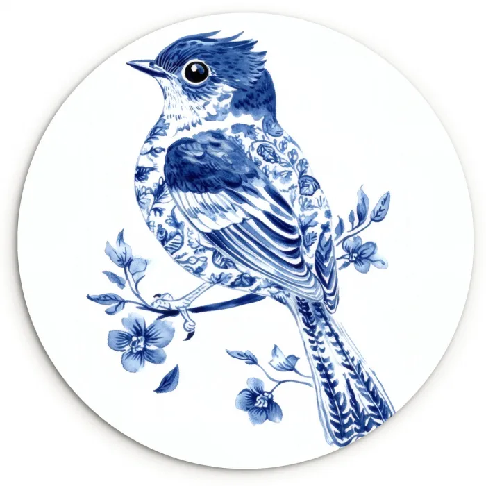 Vogel - Delfts blauw - Illustratie - Bloemen Wandcirkel kunststof plaat 5mm dik klein -3d