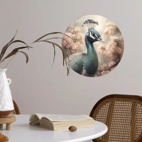 Pauw - Vogels - Bloemen - Boom - Botanisch Wandcirkel behangsticker klein -sfeer3