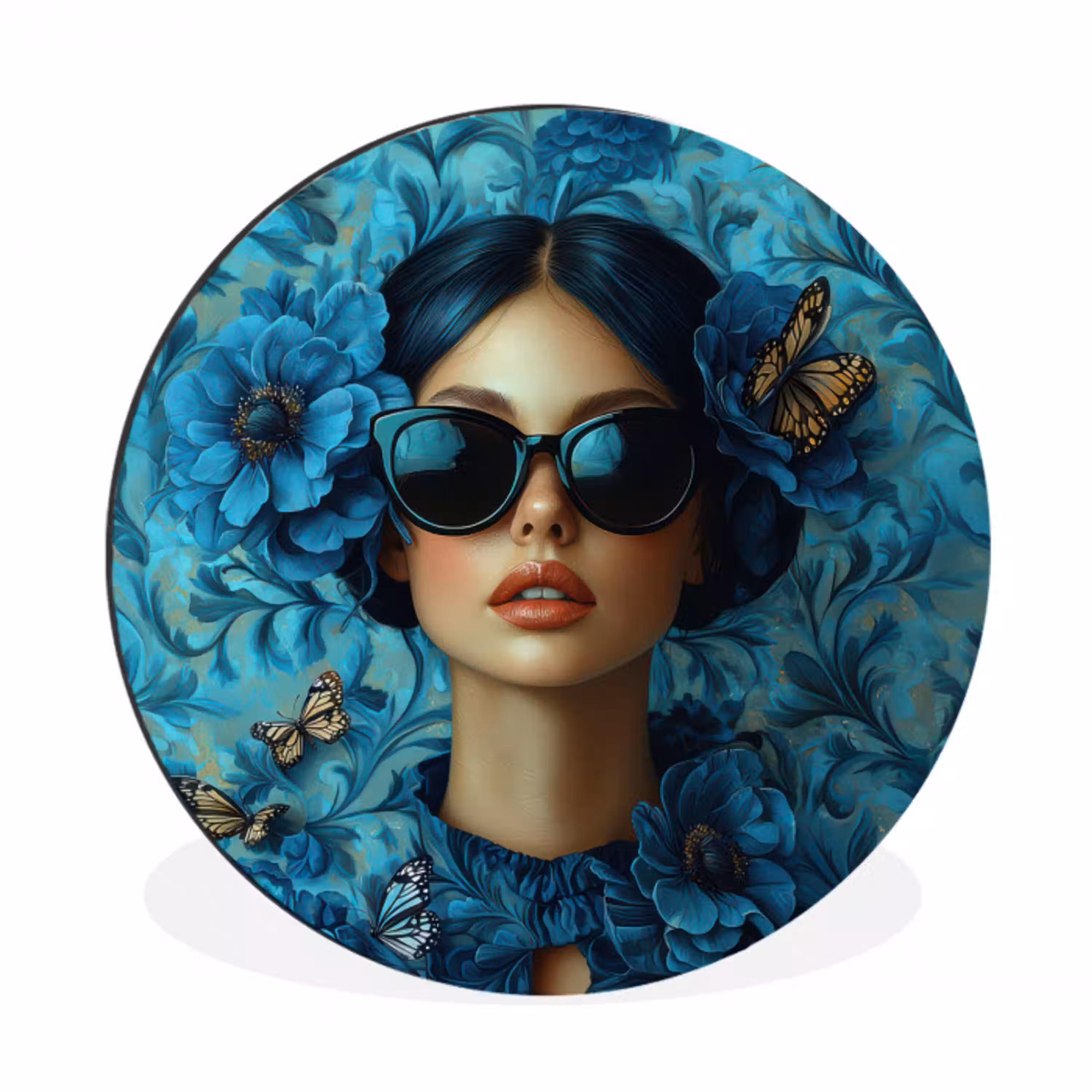 Vrouw - Bloemen - Vlinders - Blauw - Abstract Wandcirkel aluminium klein -3d