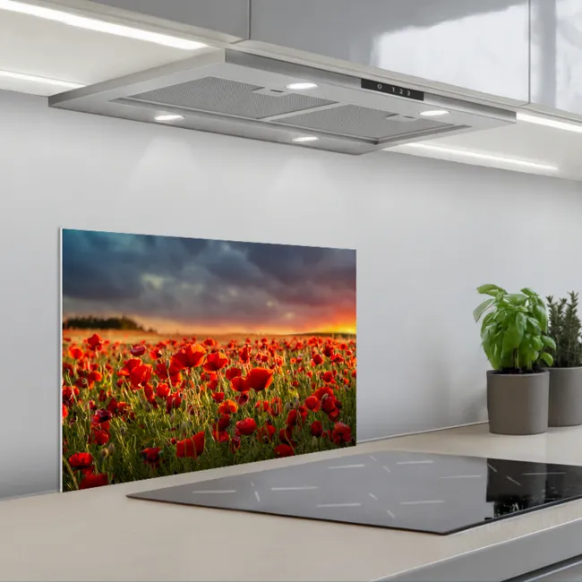Zonsondergang - Klaprozen - Rood - Bloemen - Veld - Natuur keuken achterwand spatscherm klein -3d_schuin
