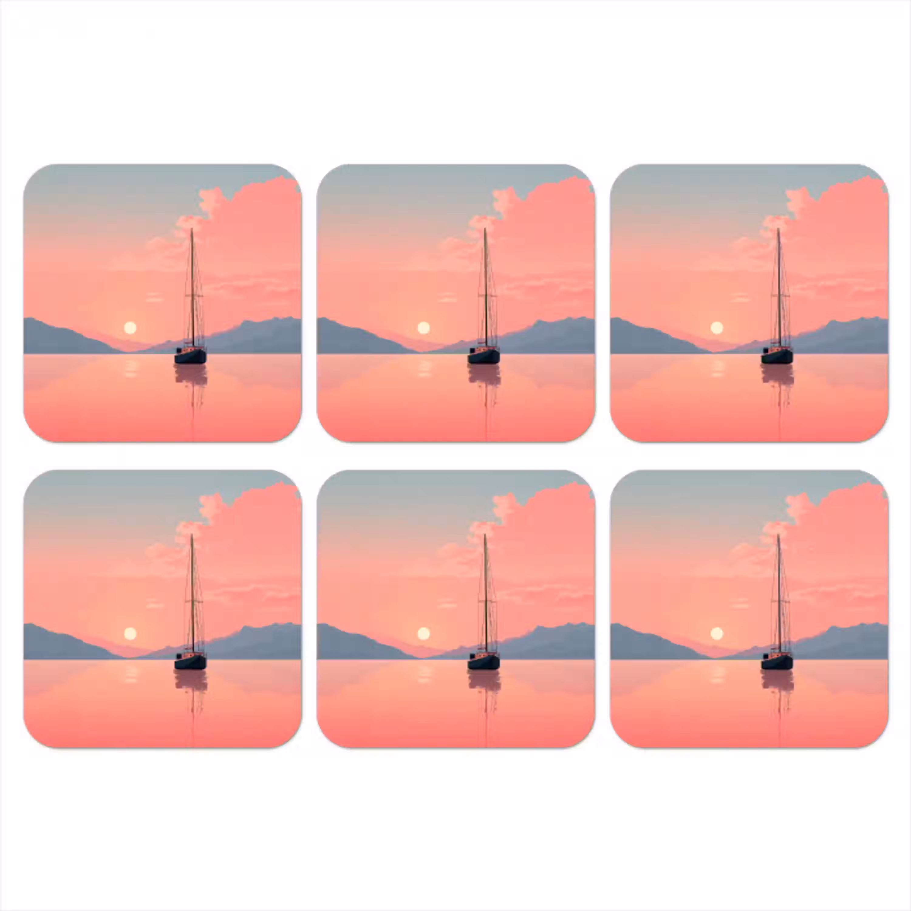 Zeilboot - Roze zee - Zonsondergang - Bergen onderzetter kurk middel -3d