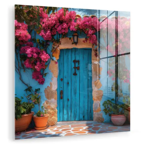 Deur - Hout - Bloemen - Blauw plexiglas 5mm klein -zzzproduct_nieuw