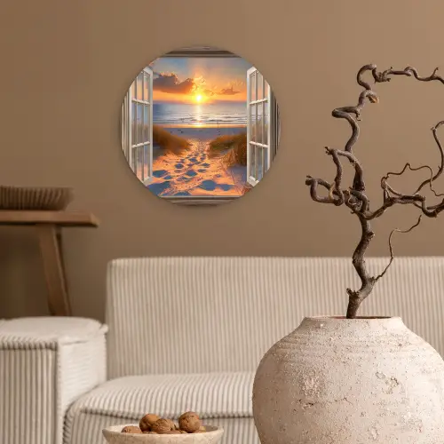 Doorkijk - Strand - Duinen - Zonsondergang Wandcirkel plexiglas klein -sfeer1