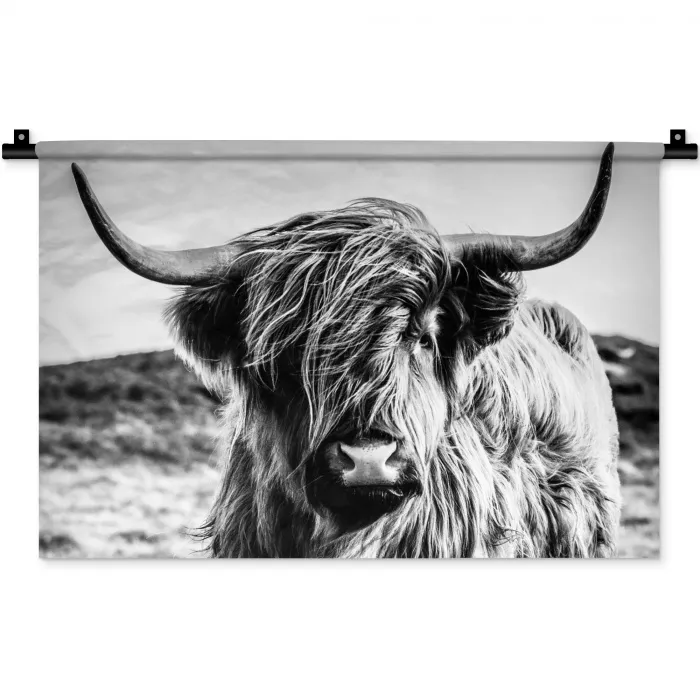 Schotse hooglander - Natuur - Koe - Zwart - Wit Wandkleed katoen klein -zz3d