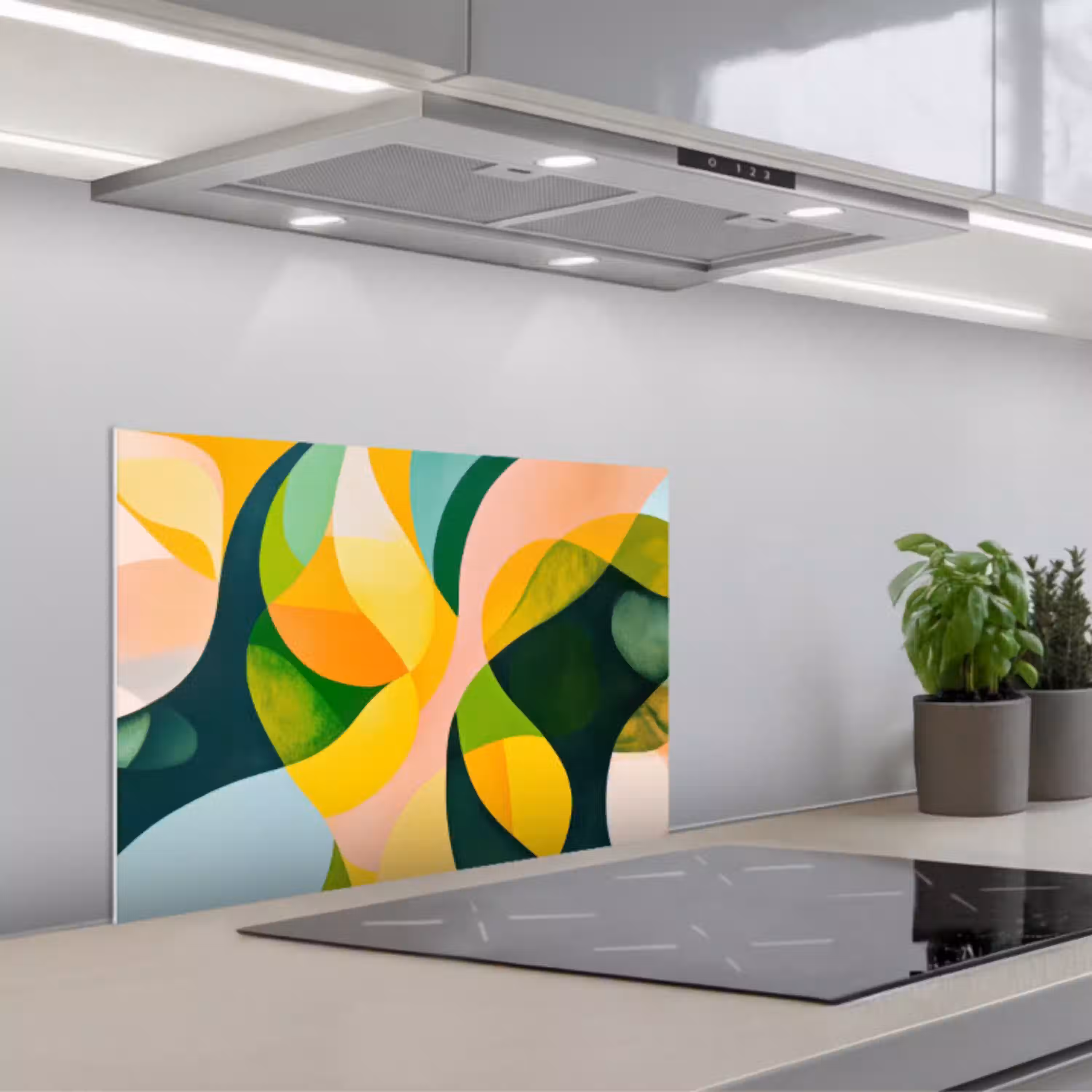 Abstract - Geel - Roze - Groen keuken achterwand spatscherm klein -3d_schuin