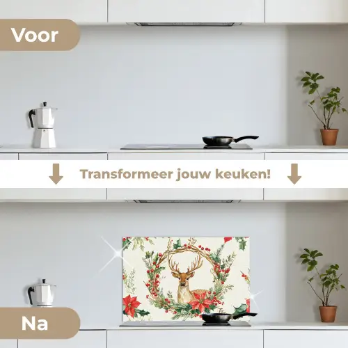 Kerstkrans - Hert - Hulst - Rood keuken achterwand spatscherm klein -voor_na_NL