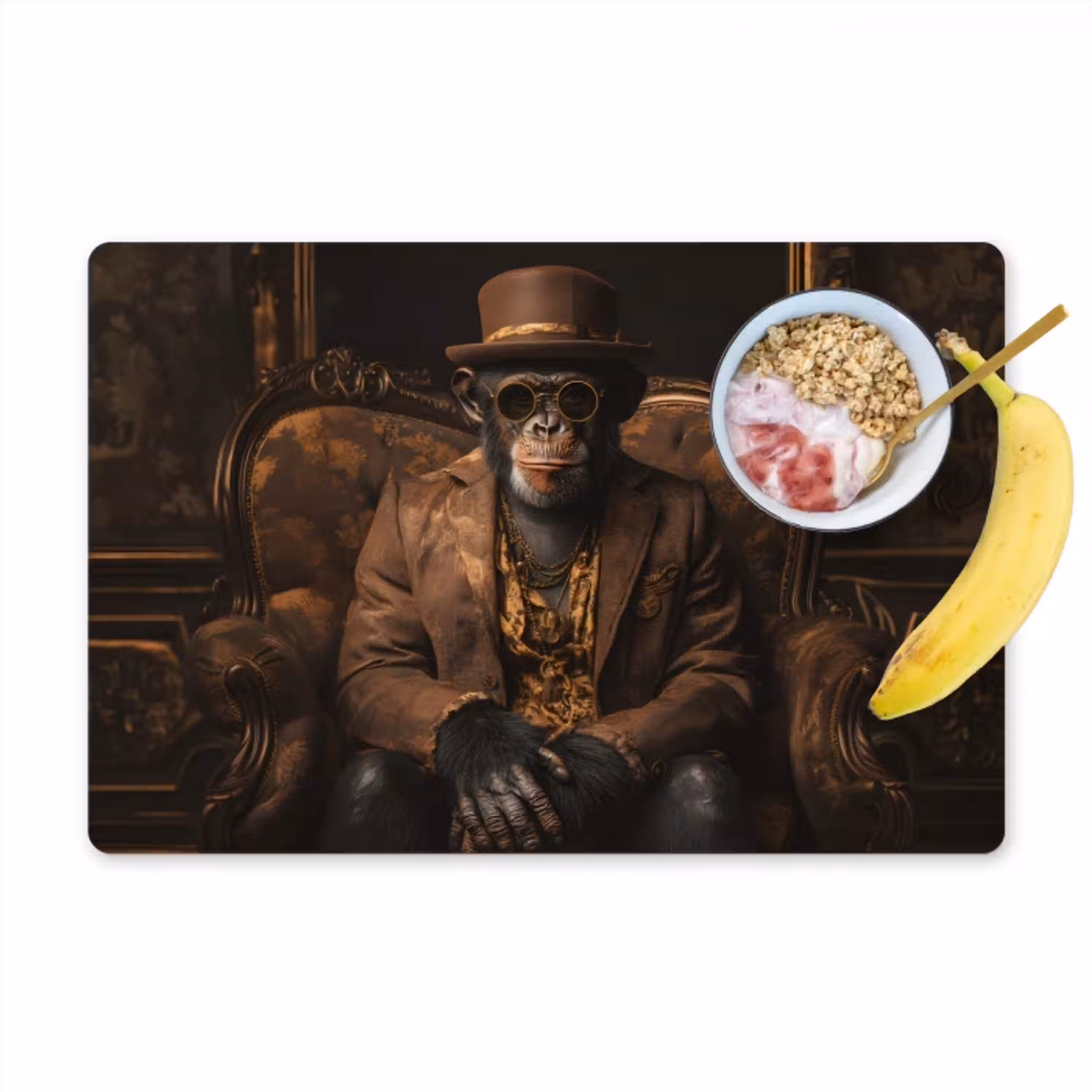 Chimpansee - Stoel - Pak - Bruin Placemat vinyl groot -zzzproduct_Kitchenyeah-website