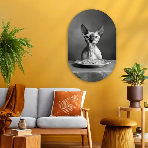 Sphynx - Kat - Dieren - Humor - Spaghetti - Zwart Wit Wandcirkel Ovaal Glas middel -sfeer4