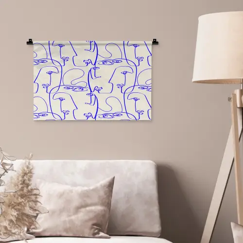 Gezicht - Blauw - Lijnen - Beige Wandkleed katoen klein 269 -sfeer4