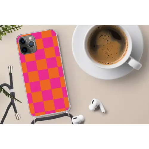 Schaakbord print - Oranje - Roze - Blokjes Hoesje iPhone 12 Pro met koord klein -oordop