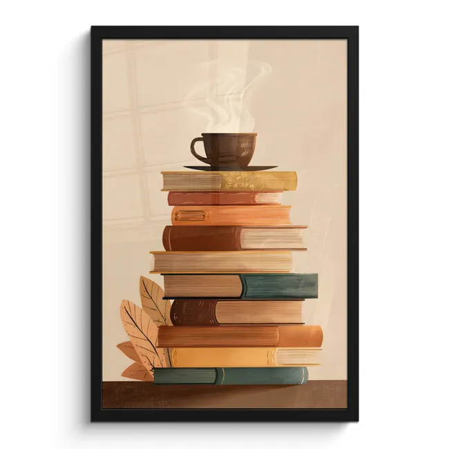 Poster met lijst - Boeken - Toren - Koffie - Beige