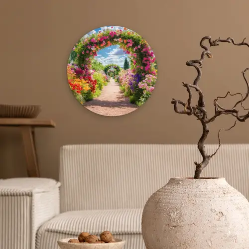 Doorkijk - Bloemen - Kleurrijk - Natuur Wandcirkel kunststof plaat 5mm dik klein -sfeer1
