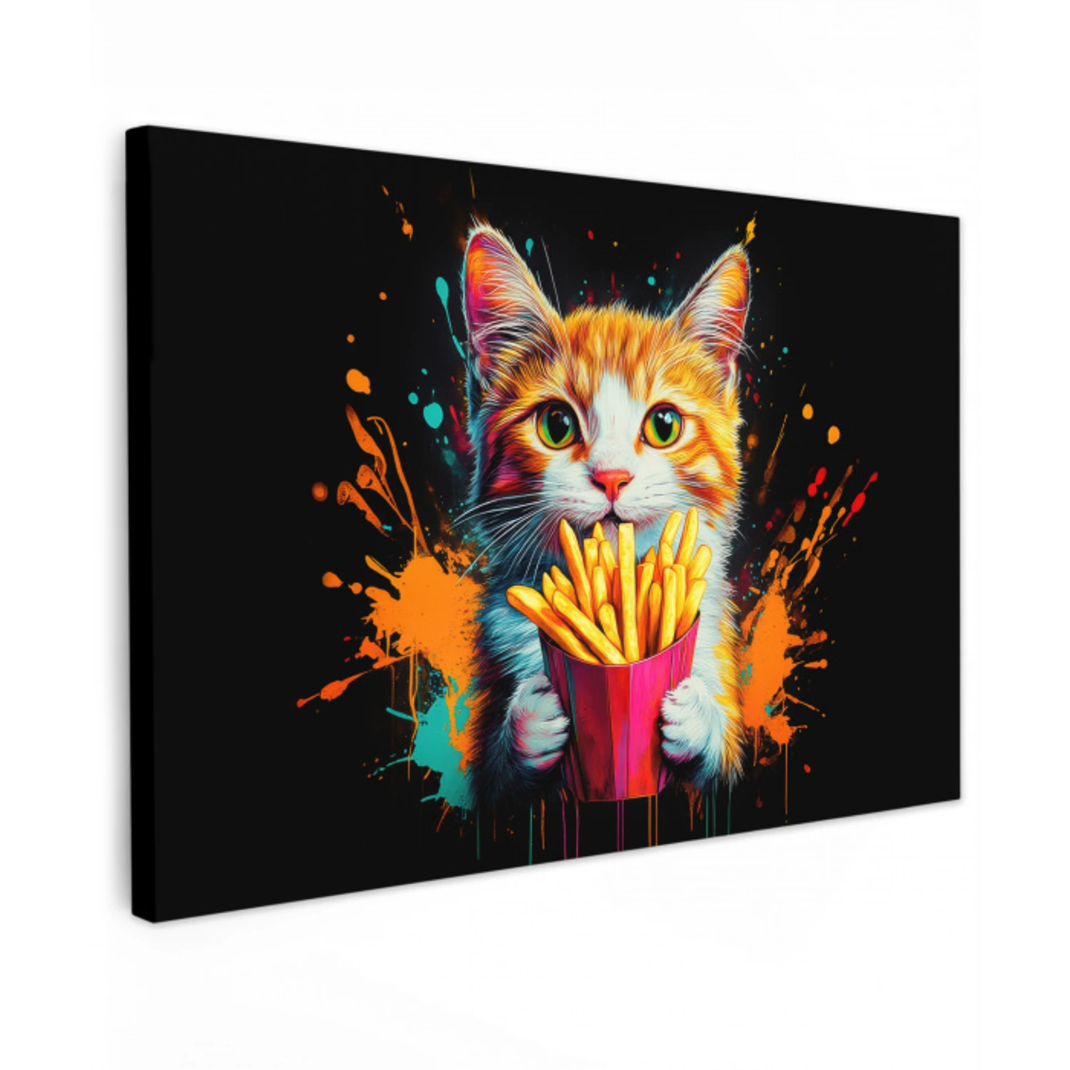 Kat - Eten - Patat - Graffiti - Abstract Tuinposter op houten frame 2 cm dik klein -3d