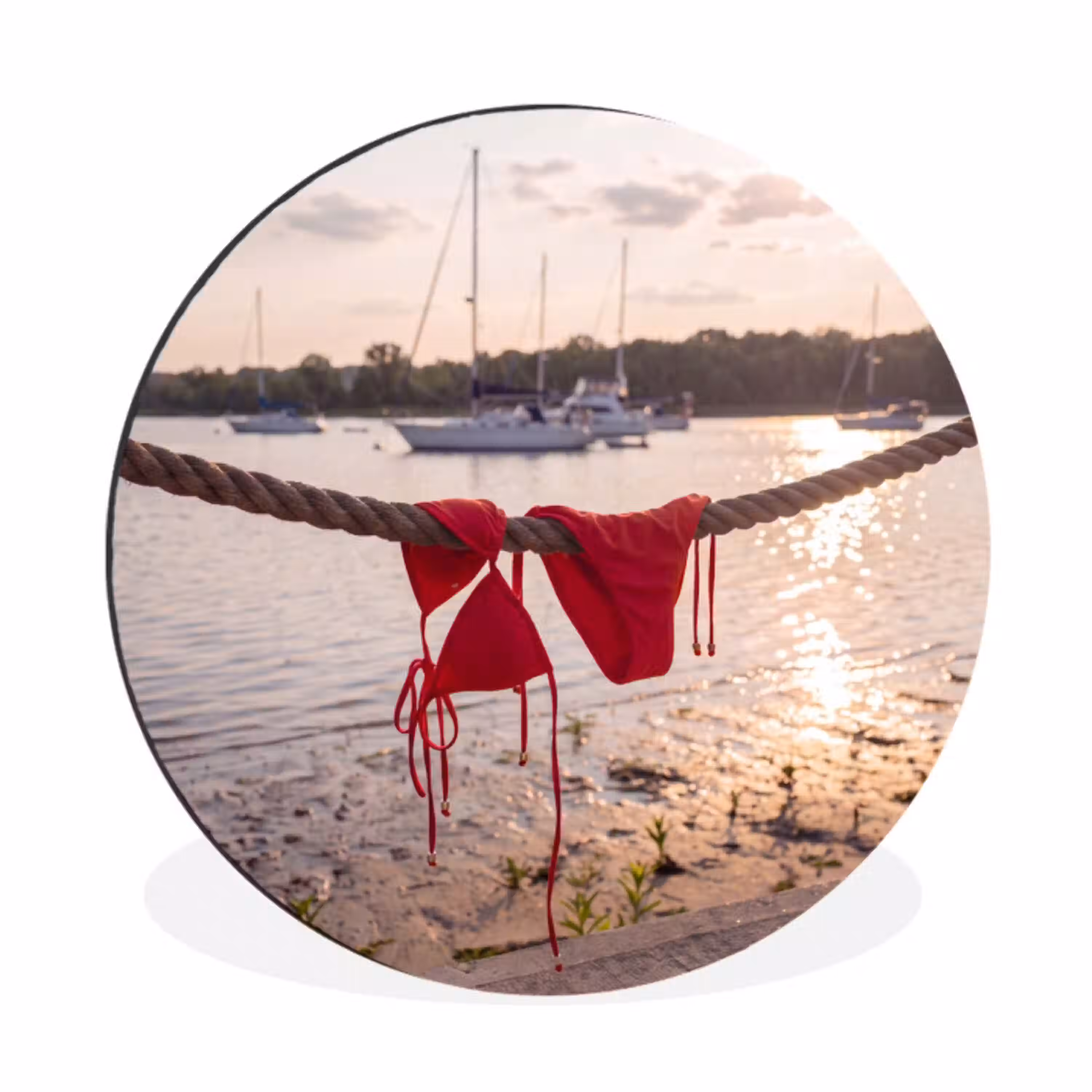 Badkleding - Rood - Zomer - Water - Zonsondergang Wandcirkel aluminium klein -3d