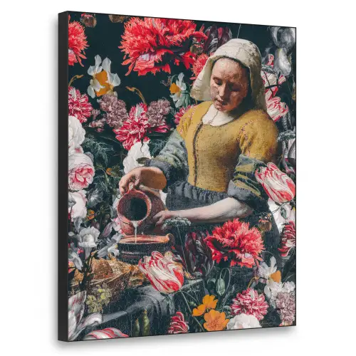 Melkmeisje - Johannes Vermeer - Bloemen - Roze Textielframe zwart klein -3d