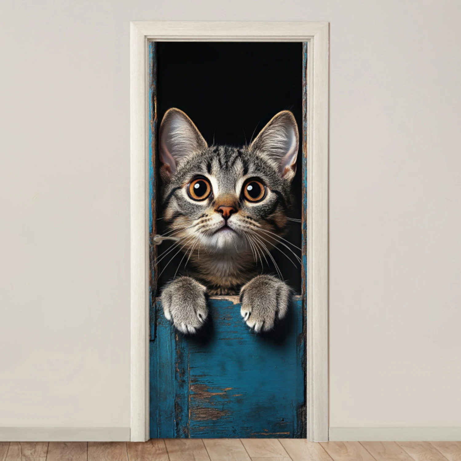 Kat - Doorkijk - Hout - Dieren - Blauw deurposter klein -3d_beige