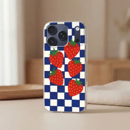 Geblokt - Blauw - Aardbeien Telefoonhoesje iPhone 17 Pro klein -sfeer2