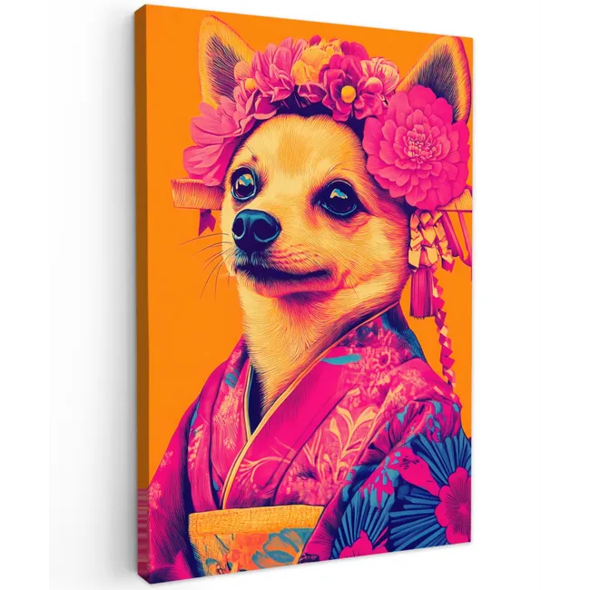 Kimono - Hondje - Bloemenkroon - Oranje Tuinposter op houten frame 2 cm dik klein -3d