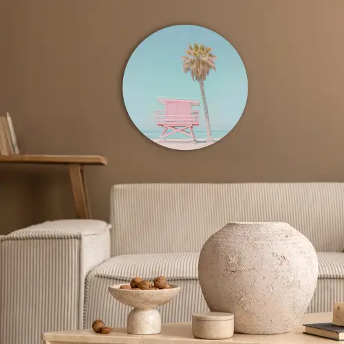 Palmboom - Strandhuis - Roze Akoestische PET Vilt - Rond klein -sfeer1