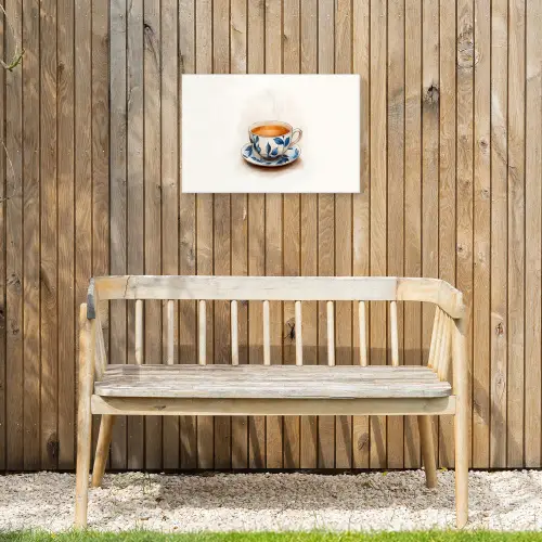 Theekop - Bladeren - Blauw Tuinposter op houten frame 2 cm dik klein -sfeer4