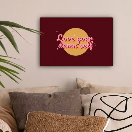 love your damn self - Cirkel - Glitter - Rood canvas 2cm klein -sfeer1