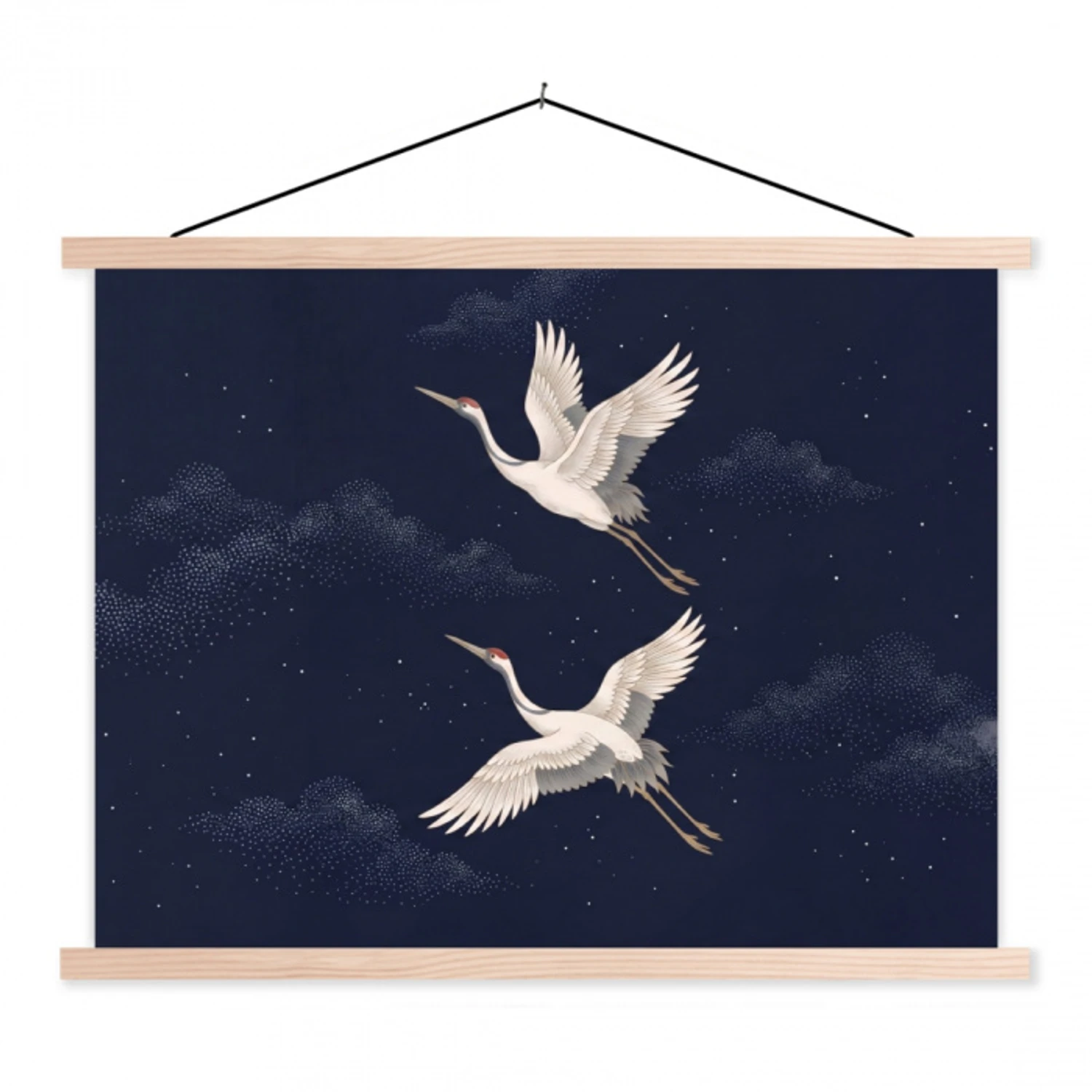 Kraanvogels - Nachthemel - Blauw textielposter latten blank klein -3d