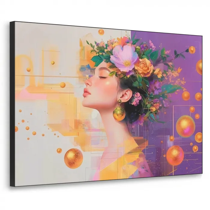 Abstract - Vrouw - Bloemenkroon - Goud Textielframe - compleet frame klein -3d