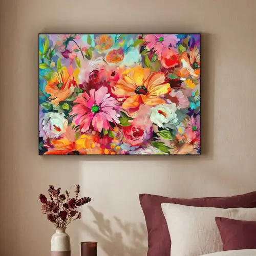 Bloemen - Kleurrijk - Kunst - Olieverf Textielframe zwart klein -sfeer1